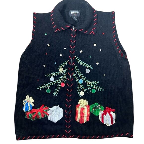 DISIGNERS‎ ORIGINALS STUDIO SWEATER ZIP COLLARED LARGE CHRISTMAS TREE GIFTS VEST - Picture 1 of 10